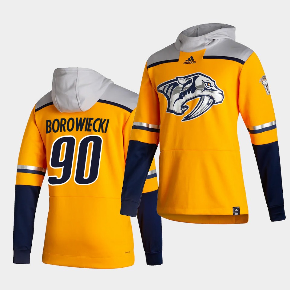 Men Nashville Predators #90 Borowiecki Yellow NHL 2021 Adidas Pullover Hoodie Jersey